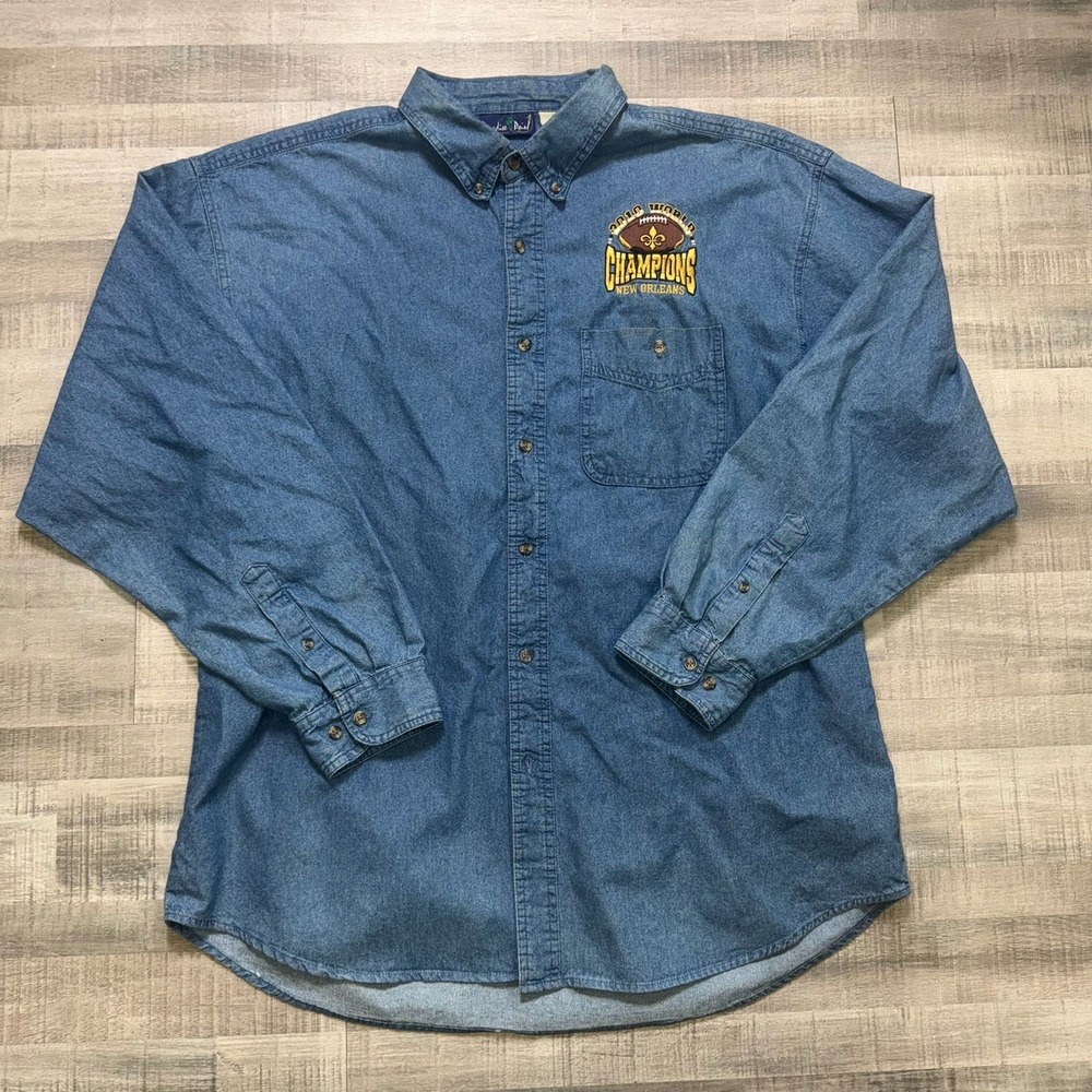 New Orleans 2010 World Champion 2XL Denim Button Down Pocket Shirt Mens Large
